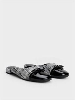 Charles & Keith 格紋蝴蝶結穆勒鞋 Bow Cap-Toe Mules - Grey64203086553090110