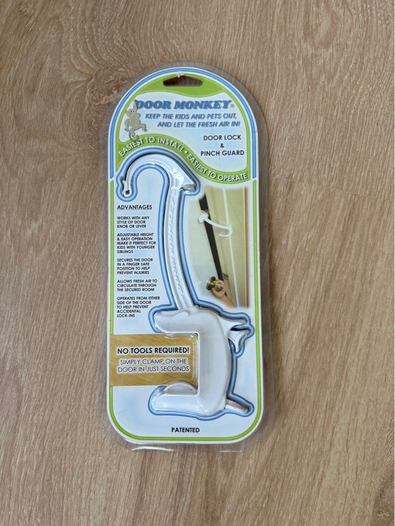 Door Monkey (Category: Safety Gates, Locks & Protectors) located in Makati City. Submitted by halftime.halftime (Listing ID 1398931111, Image 1). Description: Door Monkey Door Lock & Pinch Guard (Brand New, Sealed) Easy-to-install child-safety door lock that keeps kids out of rooms while letting fresh air in. No tools required — simply clamp it on the door in seconds. • Prevents pinched fingers • Works on most standard doors • Great for bedrooms,
