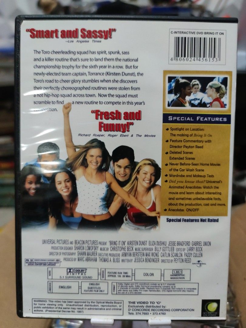 Dvd: Bring it on (original) (Category: CDs & DVDs) located in Quezon City. Submitted by gwift (Listing ID 1399043245, Image 2). Description: -original dvd - can be picked up at project 7, Q.C., near Sm north edsa posted price is last price individually, wag na mag inquire kung tatawad pa, can give a 10% discount for purchase total 1k and up.