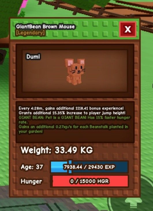 GiantBean Brown Mouse | GAG/GROWAGARDEN (Category: In-Game Products) located in Quezon City. Submitted by gagseller077 (Listing ID 1399011741, Image 1). Description: - Legendary GiantBean Brown Mouse: Dumi - Jump Height Boost: +15.35% - Experience Gain: - Age: 37 - Current Experience: 7938.44/29430 - Hunger Rate: 15% faster - Bonus: Gains 0.27xp/s for each Beanstalk planted in your garden - Hunger: 0/15000 - MOP: GCASH.