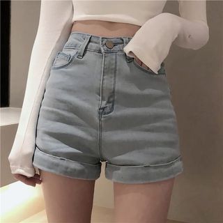 High-Waisted Denim Shorts 淺藍色牛仔短褲 女裝短褲 高腰 women denim shorts jeans Trousers women bottom slim fit 熱褲 夏天褲 y2k 修身牛仔褲outfit64202086728579110