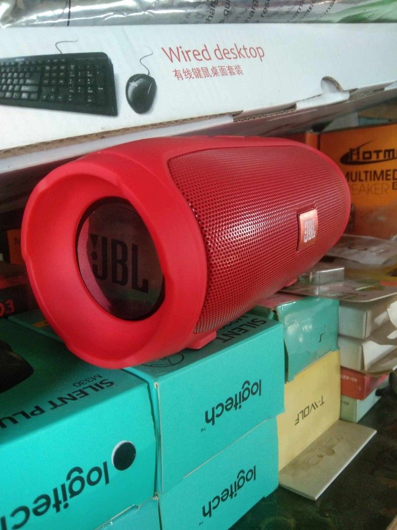 JBL Charge Mini 3+ Portable Wireless Speaker (Category: Soundbars, Speakers & Amplifiers) located in Cebu City. Submitted by gracemarvin06 (Listing ID 1398915672, Image 3). Description: - JBL Charge Mini 3+ portable wireless speaker. - Features the JBL logo. - Available in black, green, and red. - Cylindrical design with a built-in handle. - Compact and travel-friendly..