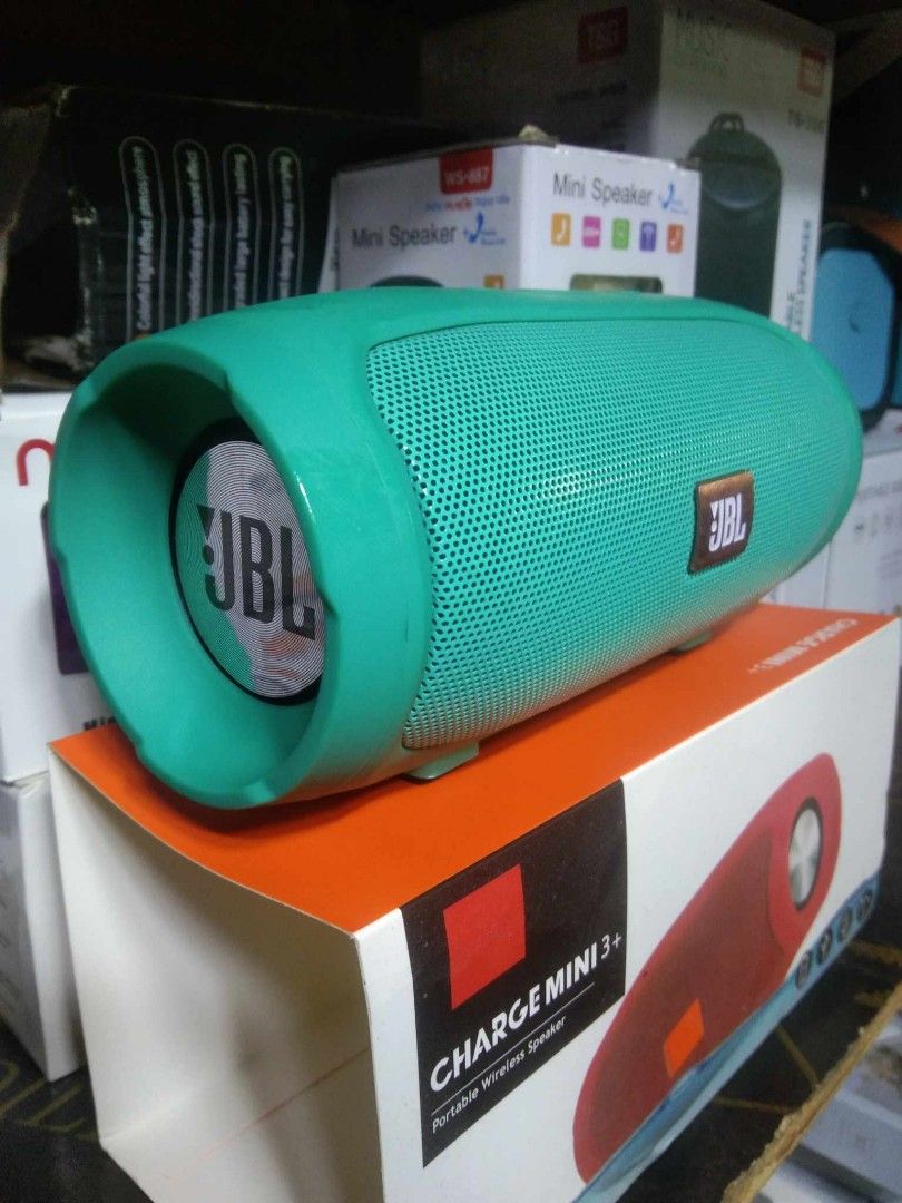 JBL Charge Mini 3+ Portable Wireless Speaker (Category: Soundbars, Speakers & Amplifiers) located in Cebu City. Submitted by gracemarvin06 (Listing ID 1398915672, Image 2). Description: - JBL Charge Mini 3+ portable wireless speaker. - Features the JBL logo. - Available in black, green, and red. - Cylindrical design with a built-in handle. - Compact and travel-friendly..