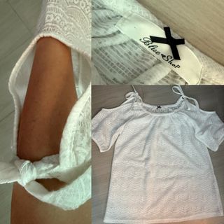 Korean made đ°đˇ shoulder tie ribbons đ white lace little see through loose fit top64206167580417110