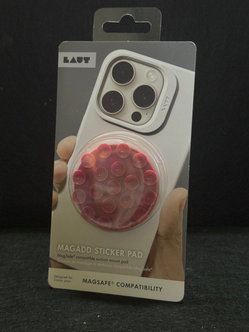 LAUT MAGADD Sticker Pad - MagSafe Compatible (Pink) (Category: Other Mobile & Gadget Accessories) located in Antipolo. Submitted by iwitchking (Listing ID 1398986270, Image 1). Description: - Brand new LAUT MAGADD Sticker Pad. - Designed for MagSafe compatibility. - Features a suction mount for secure phone attachment. - Perfect for your phone case. - Easy to install and use..