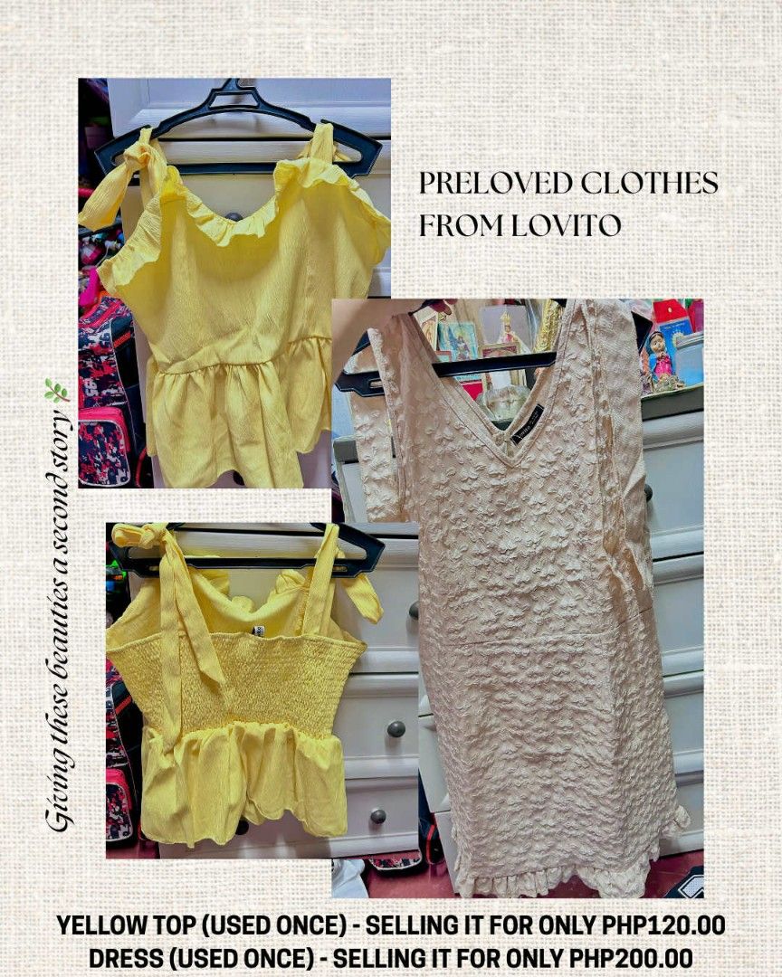 Lovito Yellow Top and Dress (Category: Sleeveless) located in Caloocan City. Submitted by biabits (Listing ID 1399005452, Image 1). Description: Preloved yellow top and dress from Lovito. Features a ruffled design and tie straps. Selling for PHP120.00 - PHP 200.00 Good condition..