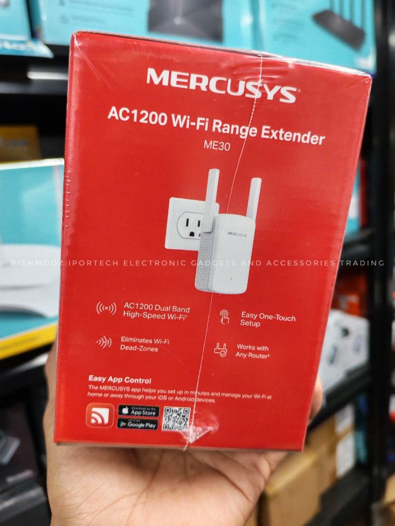 Mercusys AC1200 Wi-Fi Range Extender ME30 (Category: Networking) located in Taguig. Submitted by rm.itech051523 (Listing ID 1398976622, Image 3). Description: - Extends Wi-Fi coverage with Mercusys AC1200 ME30. - Dual-band Wi-Fi for faster speeds. - Easy one-touch setup. - Eliminates Wi-Fi dead zones. - Adjustable antennas for optimal placement. - Fast 10/100 Mbps wired connections. - Easy app control for setup and management..