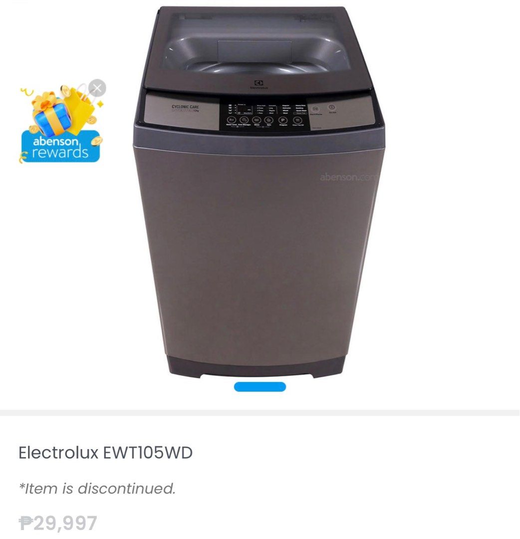 (NEGOTIABLE) Electrolux 10kg Washing Machine (Category: Washing Machines and Dryers) located in Manila. Submitted by swiftwhale-9fbc (Listing ID 1398973430, Image 2). Description: Electrolux 10kg Top Load Inverter Washing Machine EWT105WD 🌀 Excellent condition, runs smoothly and energy-efficient! ✨ Features: Cyclonic Care Pulsator, Prism Drum, Tub Clean, Wool Function, Air-Fresh Drying, Start Delay, and Digital Countdown. 📏 Size: 58W x 96.8H x 