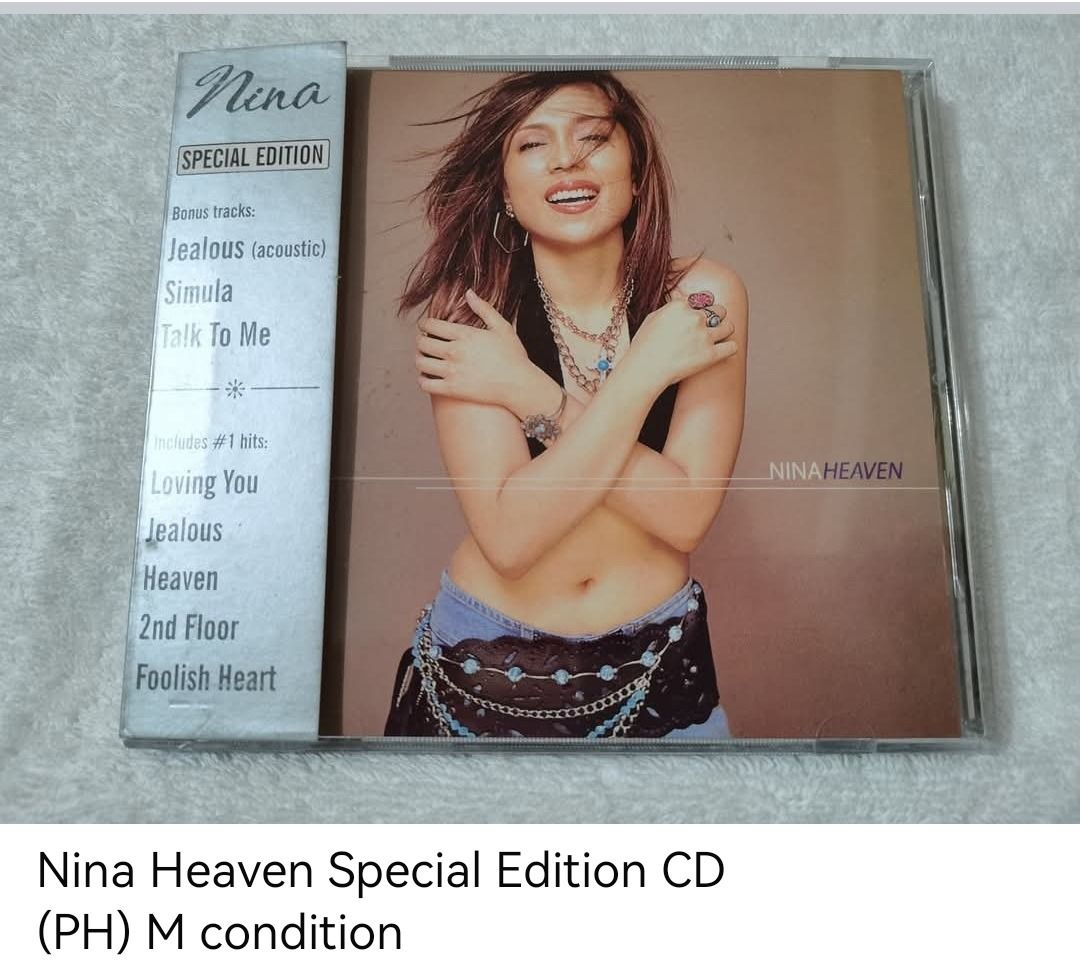 Nina CD (unsealed) (Category: CDs & DVDs) located in Dangcagan. Submitted by cd_haven5 (Listing ID 1398893127, Image 2). Description: Nina Heaven Special Edition CD (PH) M condition - 1700 + SF Nina Smile CD (PH) NM-M condition - 1000 + SF Nina Live CD (PH) VG-NM condition - 2000 + SF Nina Featuring The Hits Of Barry Manilow Special Limited Edition 2CD (PH) M/NM condition - 1000 + SF Nina Sings The Hits Of Diane Warren 2CD (PH) M/NM condition - 1