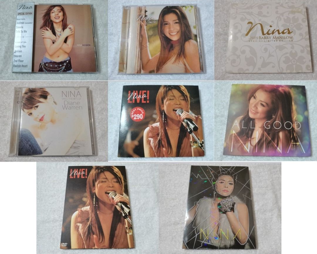 Nina CD (unsealed) (Category: CDs & DVDs) located in Dangcagan. Submitted by cd_haven5 (Listing ID 1398893127, Image 1). Description: Nina Heaven Special Edition CD (PH) M condition - 1700 + SF Nina Smile CD (PH) NM-M condition - 1000 + SF Nina Live CD (PH) VG-NM condition - 2000 + SF Nina Featuring The Hits Of Barry Manilow Special Limited Edition 2CD (PH) M/NM condition - 1000 + SF Nina Sings The Hits Of Diane Warren 2CD (PH) M/NM condition - 1