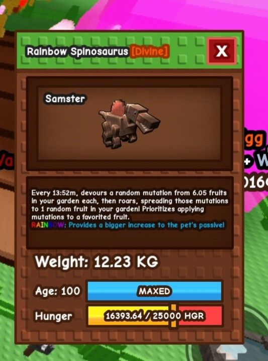 Rainbow Spinosaurus | GAG/GROWAGARDEN (Category: In-Game Products) located in Quezon City. Submitted by gagseller077 (Listing ID 1399011754, Image 1). Description: - Rainbow Spinosaurus Divine Samster - MAXED! - Devours a random mutation from 6.05 fruits every 13:52m. - Roars, spreading mutations to 1 random fruit (prioritizes favorited fruit). - Weight: 12.23 KG - Age: 100 - Hunger: 16393.64 / 25000 HGR - MOP: GCASH.