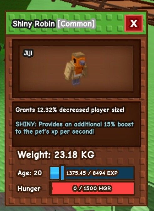 Shiny Huge Robin | GAG/GROWAGARDEN (Category: In-Game Products) located in Quezon City. Submitted by gagseller077 (Listing ID 1399011742, Image 1). Description: - Shiny Jiji Robin Pet! - Decreases player size by 12.32%. - Provides a 15% XP boost for the pet. - Weight: 23.18 KG - Age: 20 - Hunger: 0/1500 - Experience: 1375.45/8494 - MOP: GCASH.