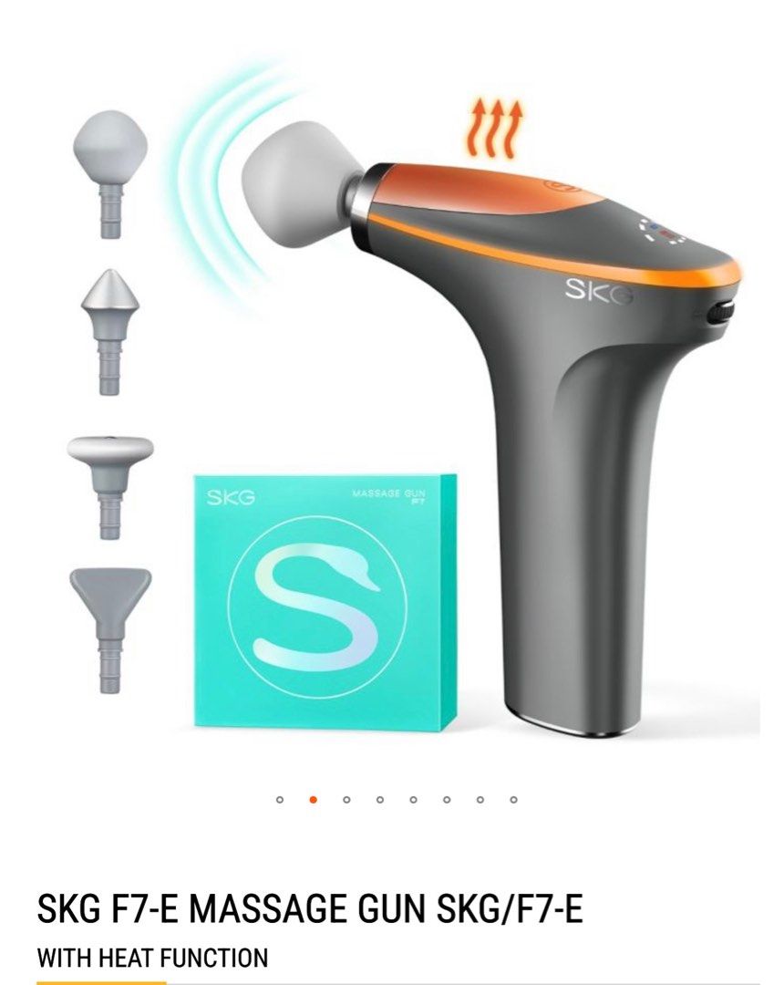 SKG F7-E Massage Gun with Heat Function (Category: Massage Devices) located in Singapore. Submitted by vezelite (Listing ID 1398939945, Image 2). Description: - SKG F7-E massage gun - With heat function - Includes multiple massage heads - Compact and portable - Brand new and unopened.