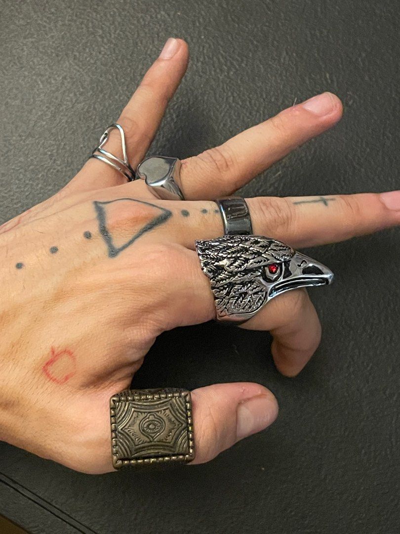 Stainless Steel and Brass Rings (Category: Rings) located in Quezon City. Submitted by shndm25 (Listing ID 1399044895, Image 2). Description: Individually sold 100 - (Thumb) Brass Eye Ring : size 10 250 - (Index) Stainless Steel Eagle : 8-9 100 - (Middle) Gun Metal Wide Flat : 7 200- (Ring) Stainless Steel Signet Heart : 7-8 150 - (Pinky) Stainless Steel Swirl : Adjustable Get all @ 700 pesos .