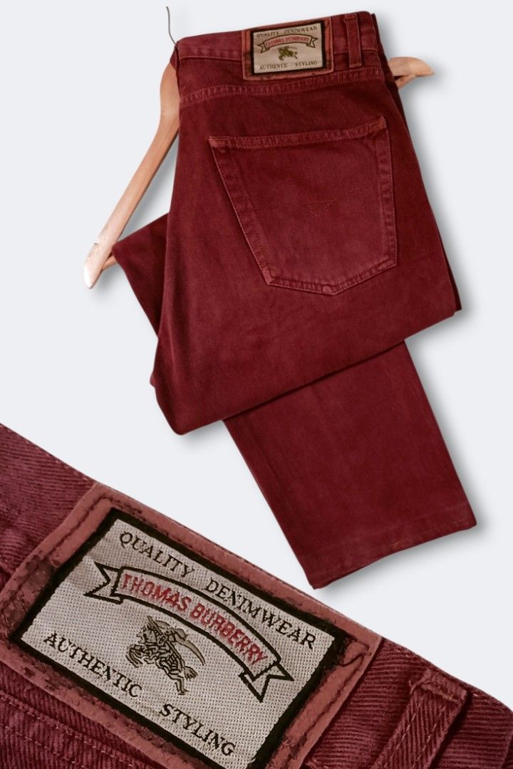 Thomas B urberry pants buttonfly (Category: Jeans) located in Quezon City. Submitted by selectorsthrift (Listing ID 1398949164, Image 2). Description: super solid na denim pants burgundy colorway. with button fly. excellent condition . minimal issue shown on last photo..