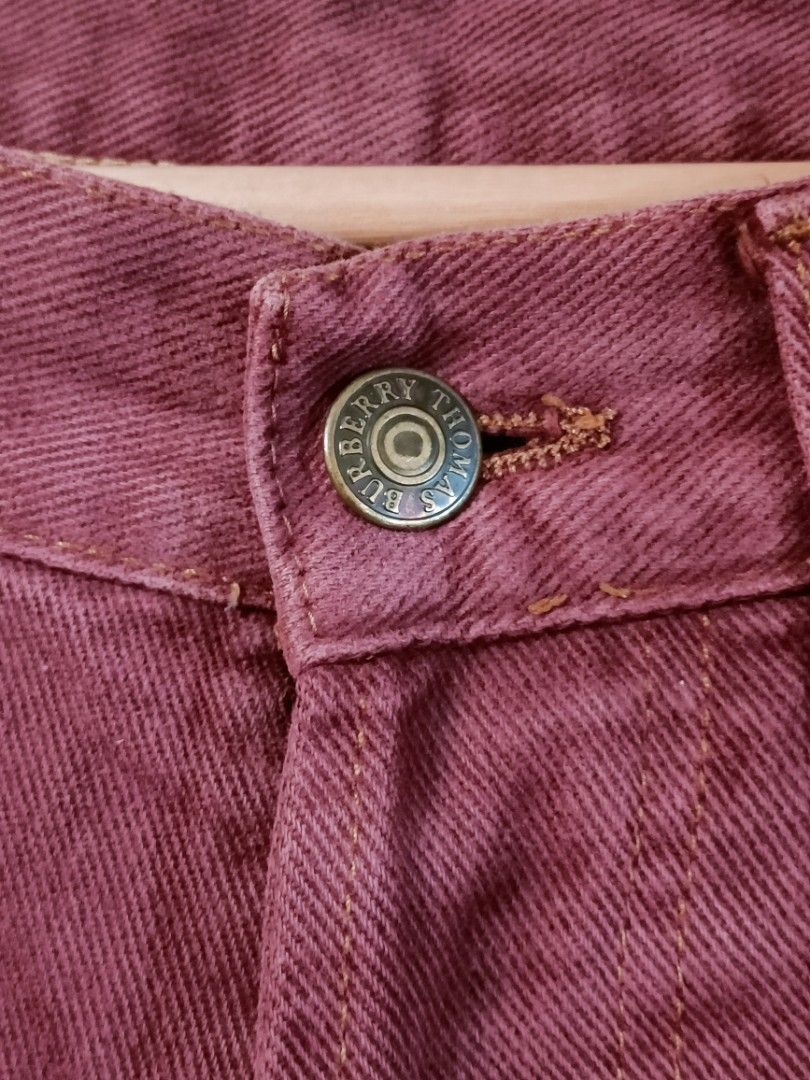 Thomas B urberry pants buttonfly (Category: Jeans) located in Quezon City. Submitted by selectorsthrift (Listing ID 1398949164, Image 3). Description: super solid na denim pants burgundy colorway. with button fly. excellent condition . minimal issue shown on last photo..