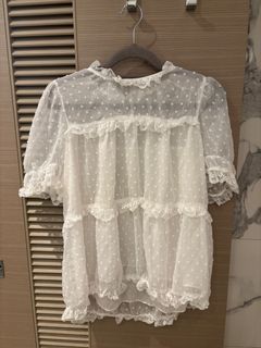 韓國白色波點短袖蕾絲上衣top64202274209922110