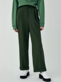 0碼 Moussy 墨綠色冬季純色褲腳卷邊西裝闊腿長褲64219086082433110