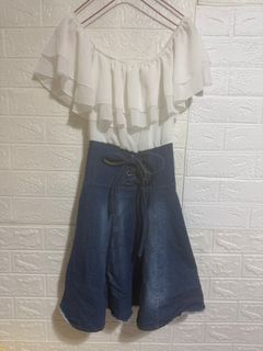 牛仔拼接雪紡露肩連衣裙64215707433731110