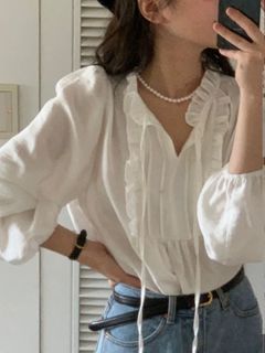 白色荷葉邊泡泡袖上衣 冇著過64212605234177110