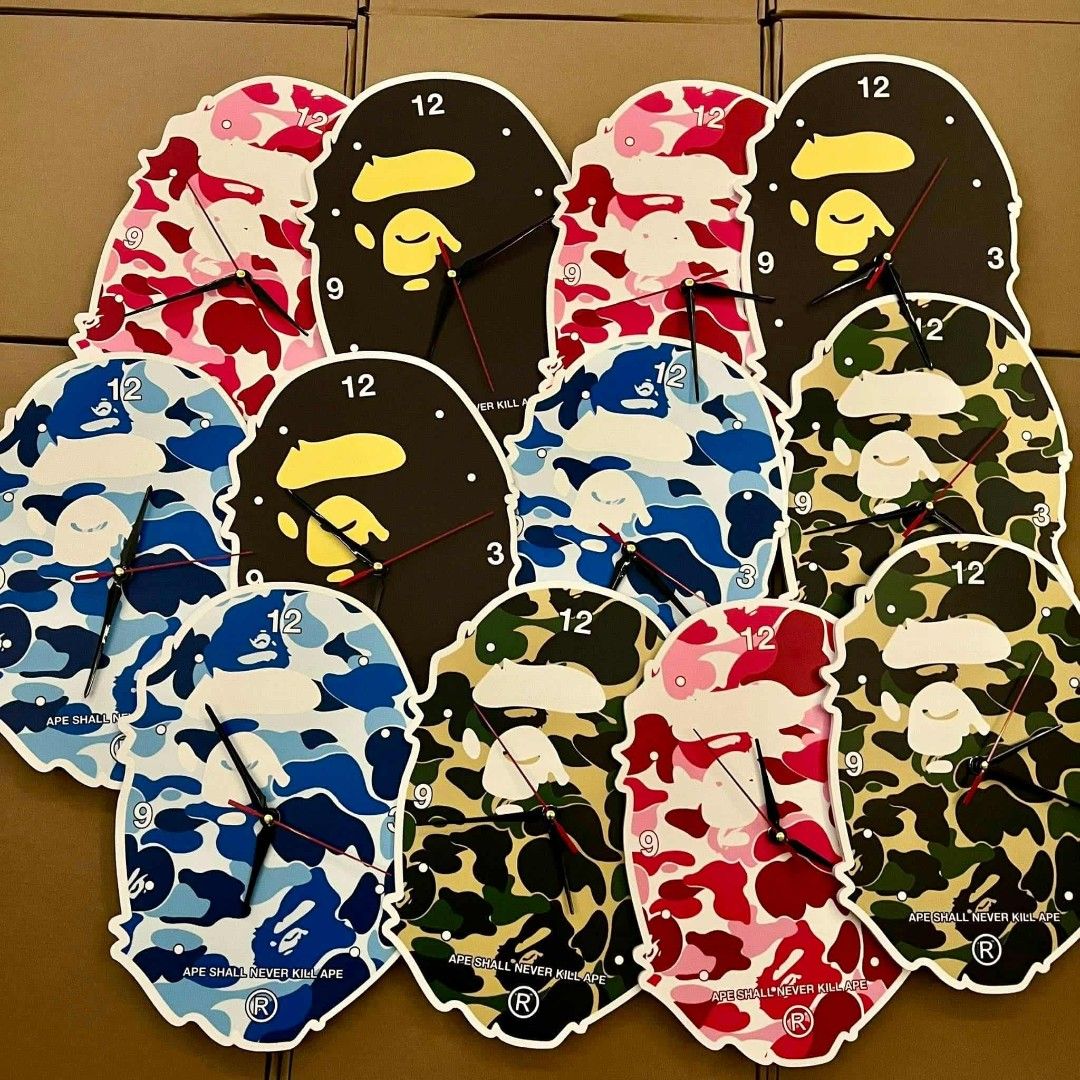 A Bathing Ape Wall Clock (Category: Wall Decor) located in Manila. Submitted by soledout_kicks (Listing ID 1399201264, Image 3). Description: A Bathing Ape Wall Clock 🦍 - Pink - Blue -Green Camou - Og logo Brown 8X11 50mm board metal clock mechanism FOR WHOLESALE PRICE 📥 BULK ORDERS SHIPPING NATIONWIDE 🇵🇭 SAME DAY DELIVERY🛵.