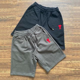 AMI PARIS Large A Red Heart Terry Shorts Elastic Mid-Waist Cotton Sweatpants Style with Drawstring and Elastic Hem Design Exquisite Big Red Heart A Embroidery Design Shorts Pants64217126048641110