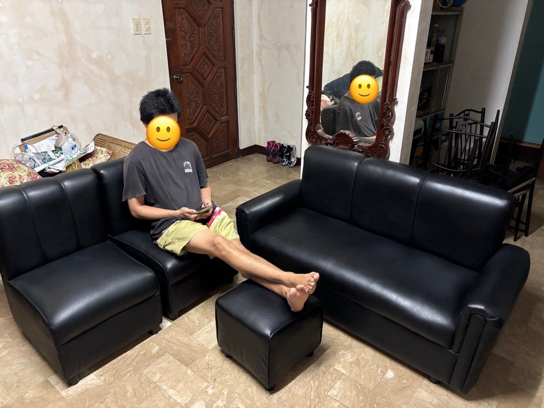 Black Leather Sofa Set with Ottoman (Category: Sofas) located in Quezon City. Submitted by nocommrnt00 (Listing ID 1399111465, Image 1). Description: - Complete black leather sofa set - Includes: three-seater sofa, two armchairs, and ottoman - Comfortable seating - Sleek and modern look - Ideal for living rooms and lounges - Like new! Used for 4 months only (No flaws/ issues) - RFS: no space.