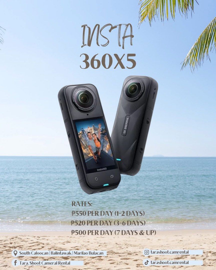 CAMERA FOR RENT | INSTA360 X5 (Category: Cameras) located in Quezon City. Submitted by alyssakrstnbtsta (Listing ID 1399211255, Image 1). Description: Rent for as low as ₱500/day! 📸 📍South Caloocan/Balintawak QC/Marilao.