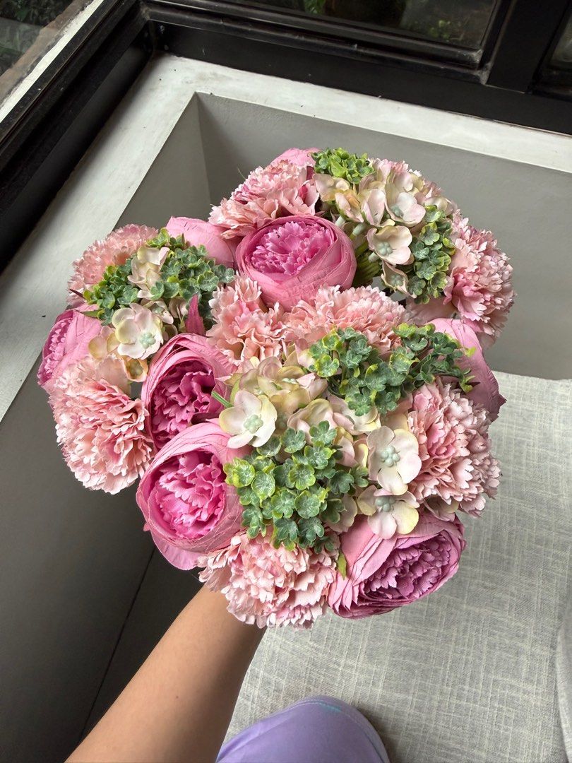 Christmas/Home Decor - Flower Bouquet (Category: Artificial Plants & Flowers) located in Marikina City. Submitted by alexipm (Listing ID 1399108403, Image 1). Description: - Artificial flower bouquet from Landmark - Features pink peonies, carnations, and green accents - Tied with natural twine - Ideal for home/christmas decor - Original price tag included ₱1,600 for 10 pcs.