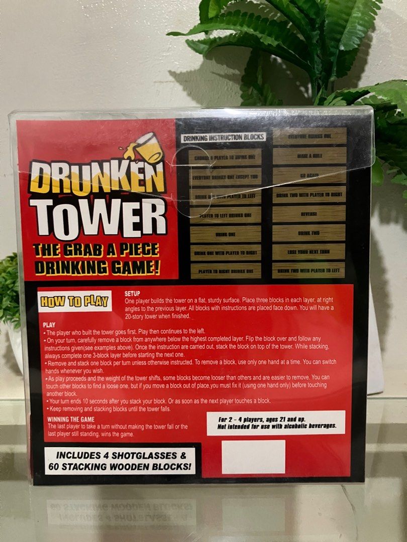 Drunken Tower Drinking Game (Category: Board Games & Puzzles) located in Quezon City. Submitted by kurosu09 (Listing ID 1399156309, Image 2). Description: - Drunken Tower game set - Includes 4 shot glasses - 60 stacking wooden blocks - For 2-4 players - Ages 21+ - Great for game nights and parties - Instructions included - Payment via bank transfer, GCash, Maya - Unfortunately don’t accept trades - Delivery fee not included in the price and will 