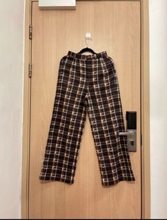 IT Brown Flannel Highwaist Pants Fleece Plaid Wide Leg Pants Trousers 闊腿褲64214532022402110