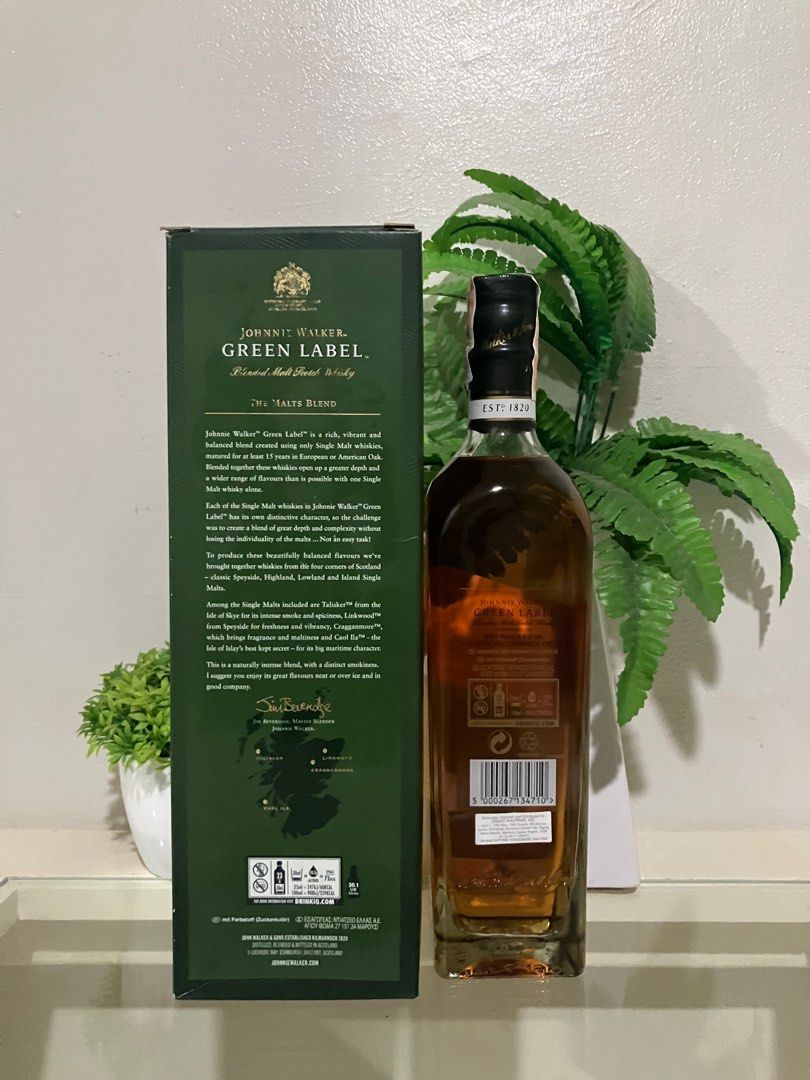Johnnie Walker Green Label Whiskey 700ml (Category: Beverages) located in Quezon City. Submitted by kurosu09 (Listing ID 1399226278, Image 2). Description: - Payment via bank transfer, GCash, Maya - Unfortunately don’t accept trades - Delivery fee not included in the price and will be shouldered by the buyer - Meet up in QC or Pasig area - Courier of choice (eg Lalamove, Grab or LBC for long distance) - For further inquiries and/or offers don’t h
