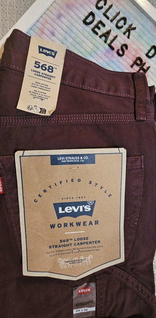 Levi's 568 Loose Straight Carpenter Jeans (Category: Jeans) located in Malolos. Submitted by les0802 (Listing ID 1399183566, Image 1). Description: - Levi's 568 Loose Straight Carpenter Jeans - Size: 29x32 - Color: Burgundy - Features original tags - Levi's Workwear certified - Levi's logo on back pocket - Made for work or casual wear.