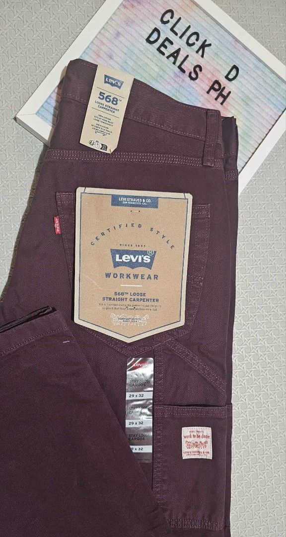 Levi's 568 Loose Straight Carpenter Jeans (Category: Jeans) located in Malolos. Submitted by les0802 (Listing ID 1399183566, Image 3). Description: - Levi's 568 Loose Straight Carpenter Jeans - Size: 29x32 - Color: Burgundy - Features original tags - Levi's Workwear certified - Levi's logo on back pocket - Made for work or casual wear.