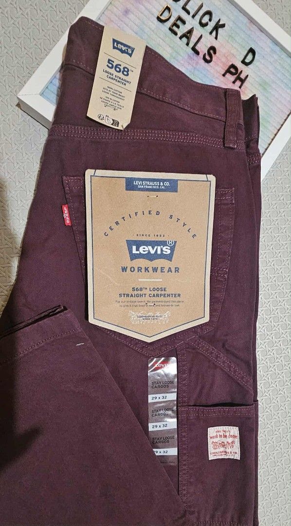 Levi's 568 Loose Straight Carpenter Jeans (Category: Jeans) located in Malolos. Submitted by les0802 (Listing ID 1399183566, Image 2). Description: - Levi's 568 Loose Straight Carpenter Jeans - Size: 29x32 - Color: Burgundy - Features original tags - Levi's Workwear certified - Levi's logo on back pocket - Made for work or casual wear.