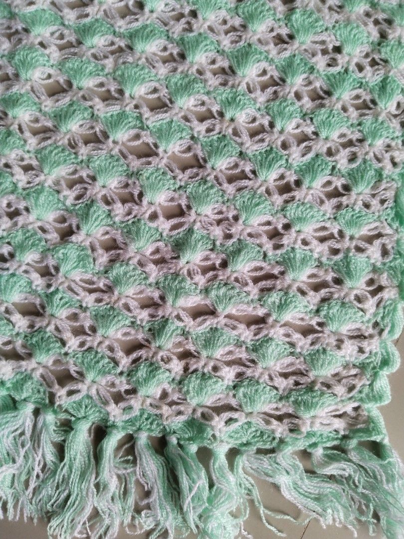 LIGHT GREEN & WHITE SHELL PATTERN CROCHET STRETCHY COMFY WIDE SHAWL SCARF (Category: Scarves) located in Bulacan. Submitted by adettethrft. (Listing ID 1399208768, Image 2). Description: 🌸BUY 5 GET 2 FREE PROMO IS STILL ONGOING. •Measurements are indicated on pics. •ALL ITEMS ARE THRIFTED PLEASE DO MANAGE YOUR EXPECTATIONS..
