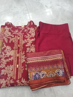 酒紅色花卉印花庫爾塔套裝64212406090241110