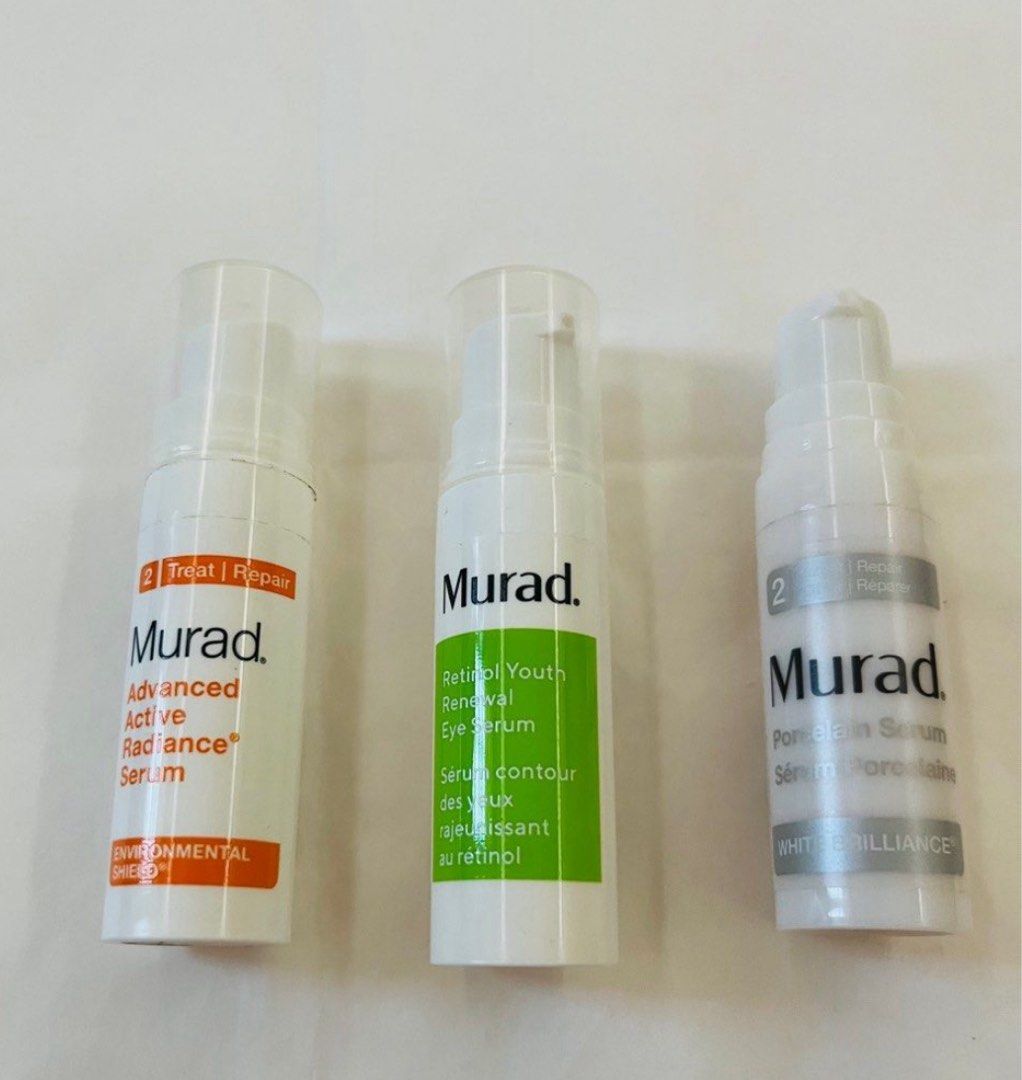Murad bundle (Category: Face Care) located in San Juan City. Submitted by cashfrancefashioncosmetics_ph (Listing ID 1399091598, Image 1). Description: ‼️BUNDLE MURAD RETINOL YOUTH RENEWAL EYE SERUM 5ML ADVANCED ACTIVE RADIANCE SERUM 5ml 👉PORCELAIN SERUM WHITE BRILLIANT 5ML 👉no cover.