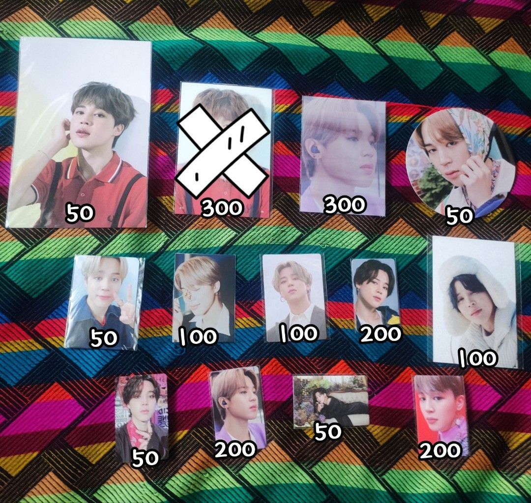 Official BTS Jimin Photocards [Prices on pic] (Category: K-Wave Merchandise) located in Pasig City. Submitted by bloombaby.co (Listing ID 1399237339, Image 2). Description: - BTS Jimin photocard collection - Various albums and collection available - Prices indicated per card.