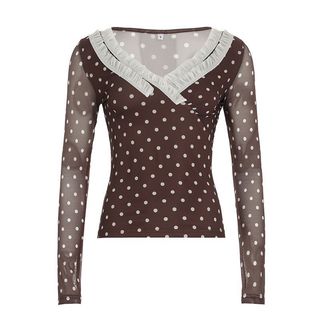 Polka Dot Mesh Top with Ruffle Trim64214531972739110