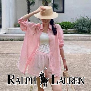 Polo Ralph Lauren 戰馬刺繡夏日空調條紋天絲亞麻襯衫短褲套裝 Blouse Shirts Pants64218034244482110