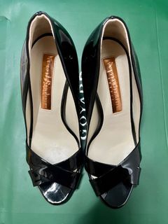 Rupert Sanderson Black Patent Leather Wedge High Heels Pip-toe 黑色 真皮 漆皮 魚嘴 船踭 高跟鞋64216420621441110