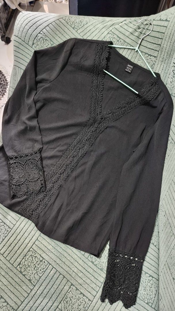 Shein Black Lace Trim Blouse (Category: Blouses) located in Rizal. Submitted by declutterwithliz (Listing ID 1399094390, Image 1). Description: - Shein black blouse - V-neck with lace trim - Long sleeves with lace cuffs - Size S (EU 36, US 4) - Perfect for a sophisticated look.