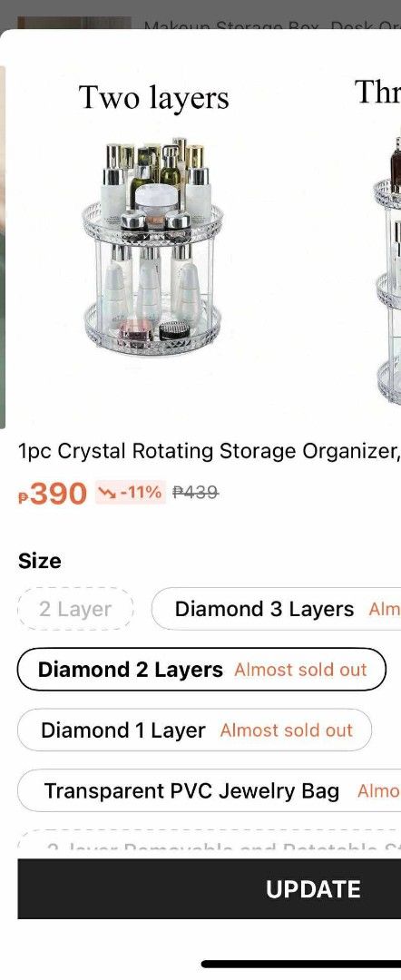 Shein Crystal Rotating Storage Organizer 2 Layers (Category: Storage Boxes & Baskets) located in Batangas. Submitted by cmaryjoy9060312 (Listing ID 1399109030, Image 1). Description: - Crystal rotating storage organizer - Two-layer design - Diamond-shaped and transparent - Ideal for cosmetics, skincare, and small items - Comes in original packaging.