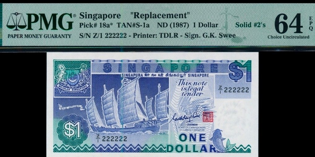 Singapore ship replacement solid (Category: Currency) located in Singapore. Submitted by pigeon01 (Listing ID 1399089682, Image 1). Description: singapore ship series replacement solid z1 solid 2 222222 first replacement solid signed by GKS.