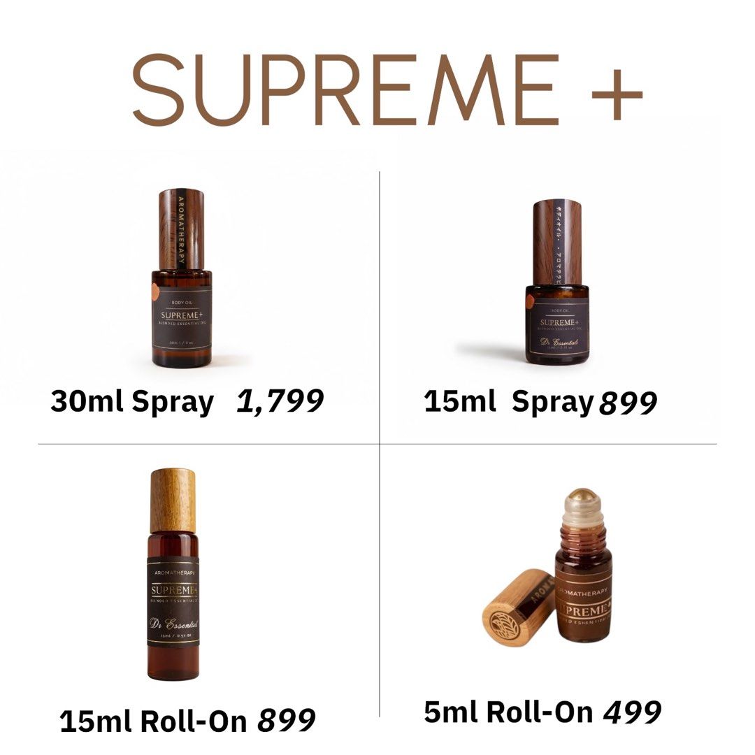 Supreme+ Essential Oil Spray and Roll-On (Category: Home Fragrance) located in Muntinlupa City. Submitted by dressentialsph (Listing ID 1399162884, Image 1). Description: - Supreme+ Essential Oils - Available in Spray and Roll-On formats - Sizes: - 30ml Spray - 15ml Spray - 15ml Roll-On - 5ml Roll-On - Prices indicated in the image - Perfect for aromatherapy and personal use - Message for inquiries and orders.