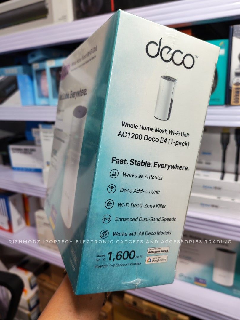 TP-Link Deco E4 Whole Home Mesh Wi-Fi Unit (Category: Networking) located in Taguig. Submitted by rm.itech051523 (Listing ID 1399121337, Image 3). Description: - TP-Link Deco E4: Whole Home Mesh Wi-Fi - Eliminates Wi-Fi dead zones - Works as router and add-on unit - Easy setup with the Deco app - Ideal for 1-2 bedroom houses.
