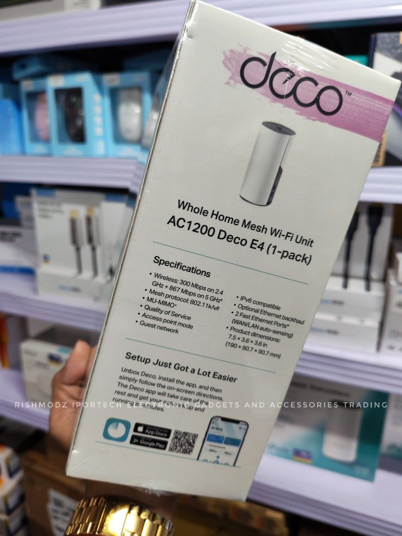 TP-Link Deco E4 Whole Home Mesh Wi-Fi Unit (Category: Networking) located in Taguig. Submitted by rm.itech051523 (Listing ID 1399121337, Image 2). Description: - TP-Link Deco E4: Whole Home Mesh Wi-Fi - Eliminates Wi-Fi dead zones - Works as router and add-on unit - Easy setup with the Deco app - Ideal for 1-2 bedroom houses.