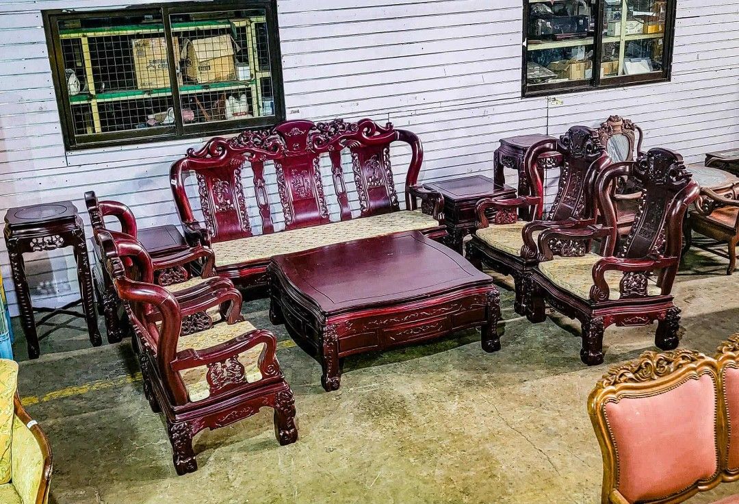 Vintage Heavy Solid China Rosewood Sala Set (Category: Tables & Sets) located in Malabon City. Submitted by justineevglst (Listing ID 1399173624, Image 1). Description: @ RUSH FOR SALE! Vintage Heavy Solid China Rosewood Sala Set: 1 - 3 Seater; 1 - Coffee Table with 4 Drawers; 4 - Single Seater;; 2 - Side Table with Drawers; 2 - High Corner Stand; Pre-loved. From Japan. Sala Set.