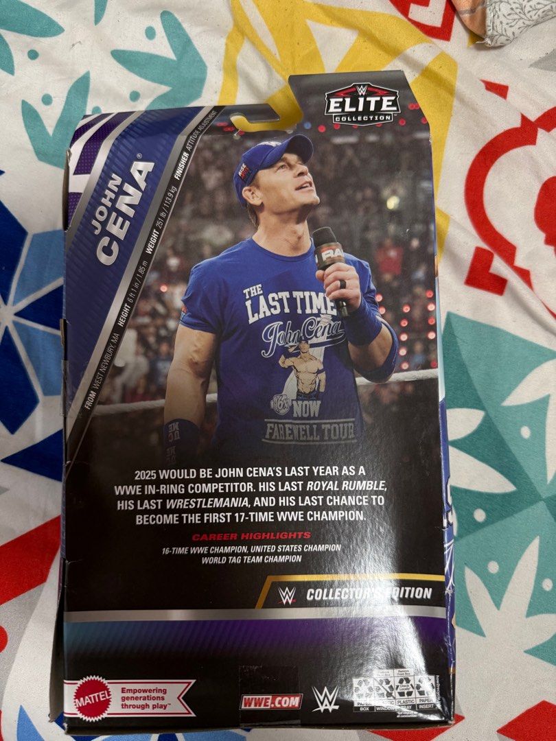 WWE Elite John Cena Collector's Edition (Category: Action & Battle Toys) located in Pasig City. Submitted by philzyper (Listing ID 1399217253, Image 2). Description: - WWE Elite John Cena Collector's Edition - Features John Cena in 'Last Time' attire - Includes interchangeable hands - Packaging details John Cena's career highlights and farewell tour - Collector's Edition item.